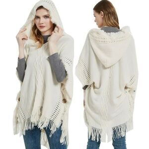 VTG Y2K Boho Chic Hooded Knit Fringe Ribbed Poncho Cape Shawl Winter White